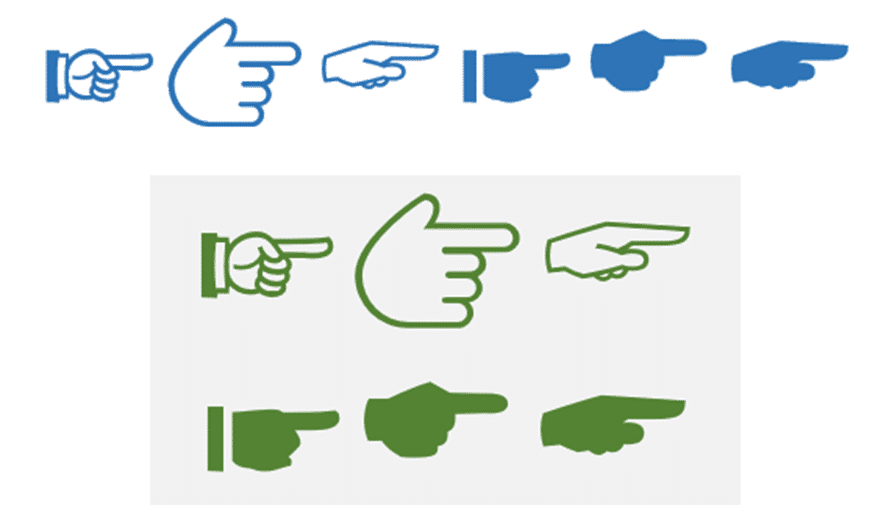 All the right pointing hand symbols in Word and Office