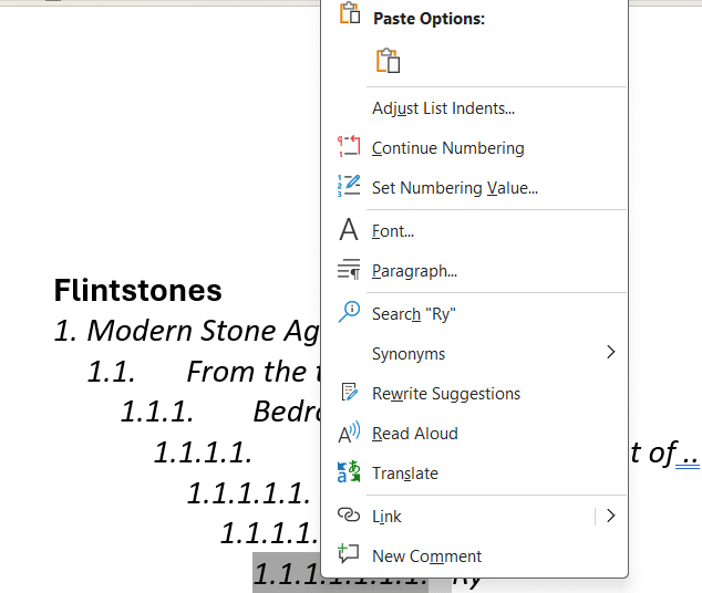Word multi-level lists, new list, reset numbering and more