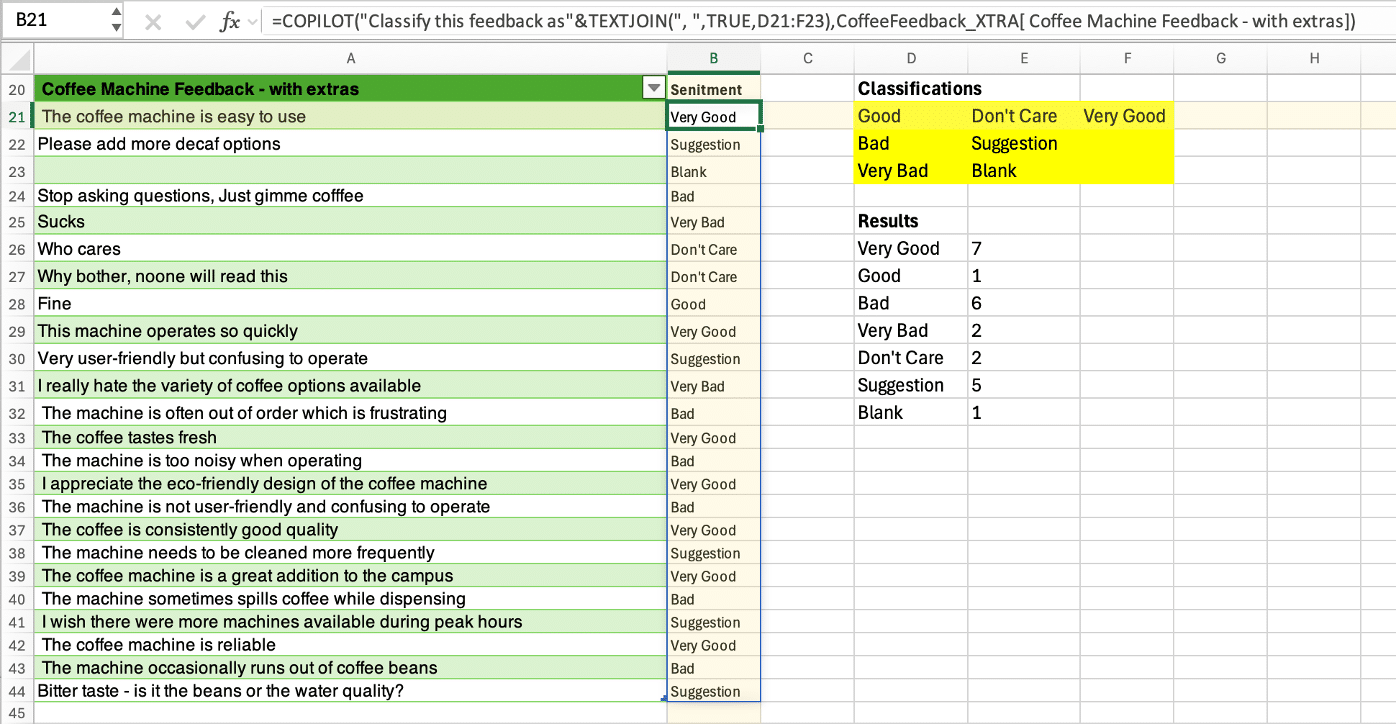 How to use Copilot() in Excel for analyzing text